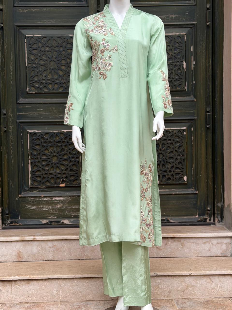 Mint green hand-embroidered unstitched suit from the Amias atelier